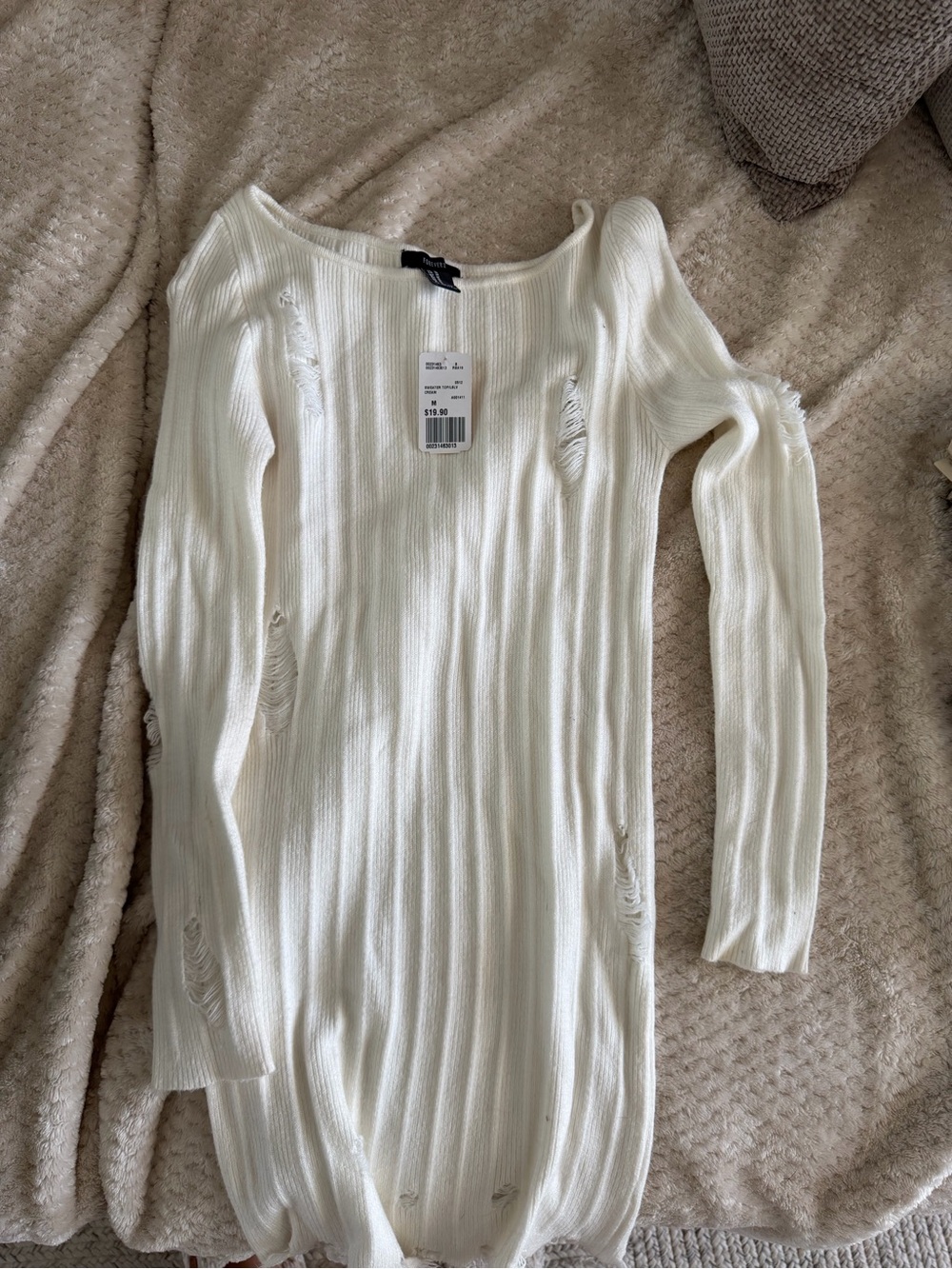 Forever 21 White Ribbed Distressed Long Sleeve Dress
